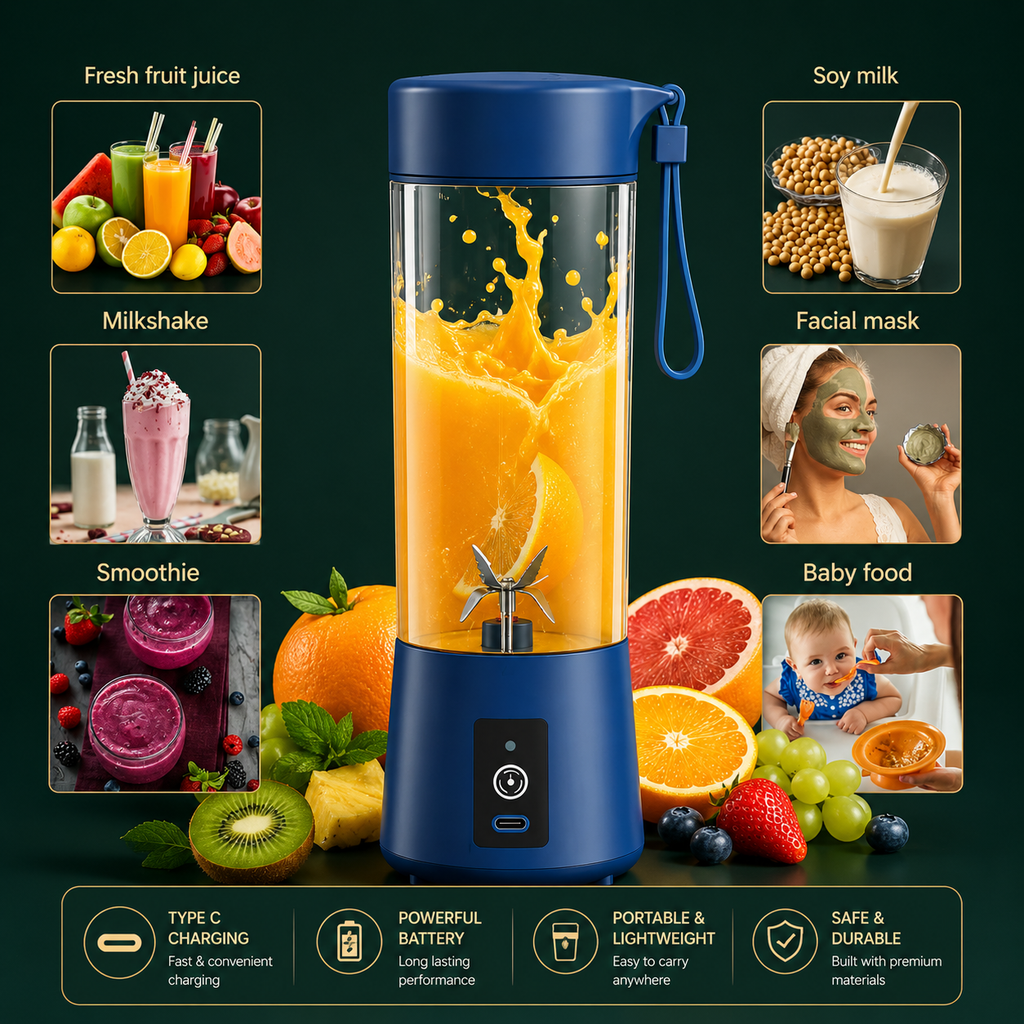 Portable Blender 6 Blade USB Juicer Bottle Portable Juice Blender USB Juicer Juice Mixer Bottle Rechargeable Juice Blender for Shakes Fruits & Vegetables Electric Grinder