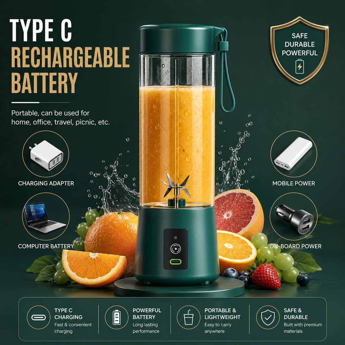 Portable Blender 6 Blade USB Juicer Bottle Portable Juice Blender USB Juicer Juice Mixer Bottle Rechargeable Juice Blender for Shakes Fruits & Vegetables Electric Grinder