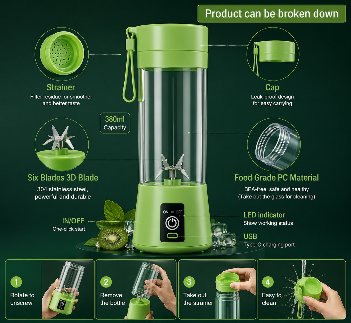 Portable Blender 6 Blade USB Juicer Bottle Portable Juice Blender USB Juicer Juice Mixer Bottle Rechargeable Juice Blender for Shakes Fruits & Vegetables Electric Grinder
