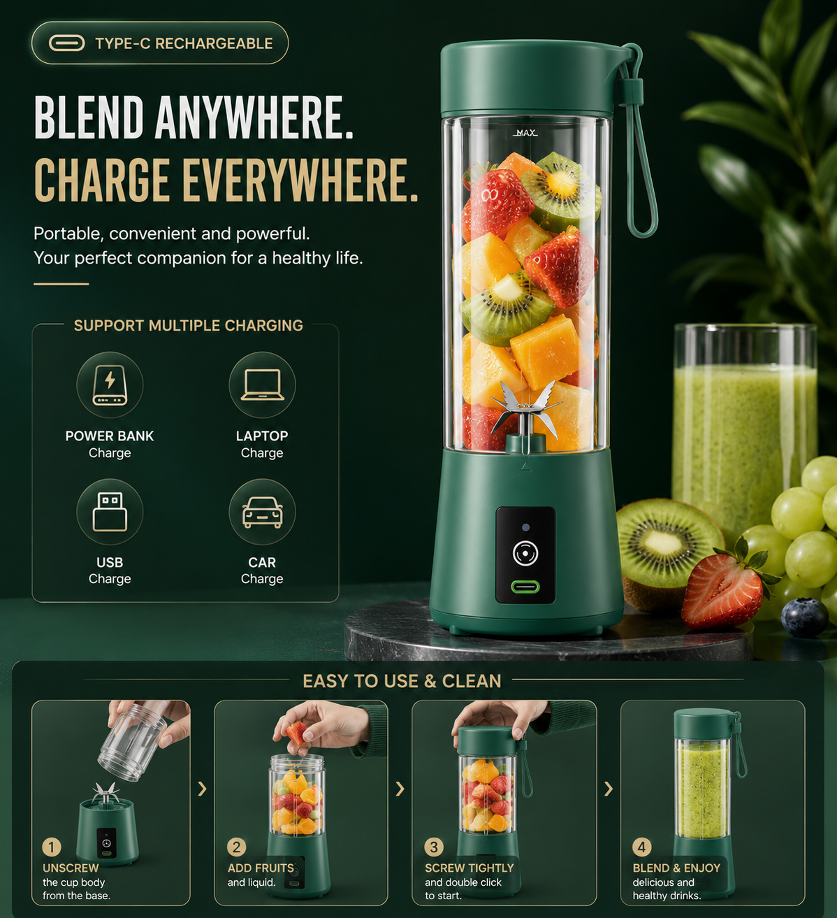 Portable Blender 6 Blade USB Juicer Bottle Portable Juice Blender USB Juicer Juice Mixer Bottle Rechargeable Juice Blender for Shakes Fruits & Vegetables Electric Grinder